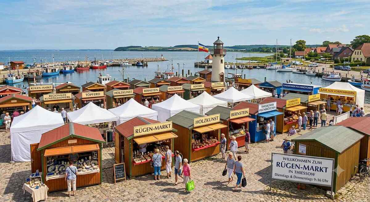 Das ist der Rügen Markt in Thiessow mit zahlreichen Marktständen