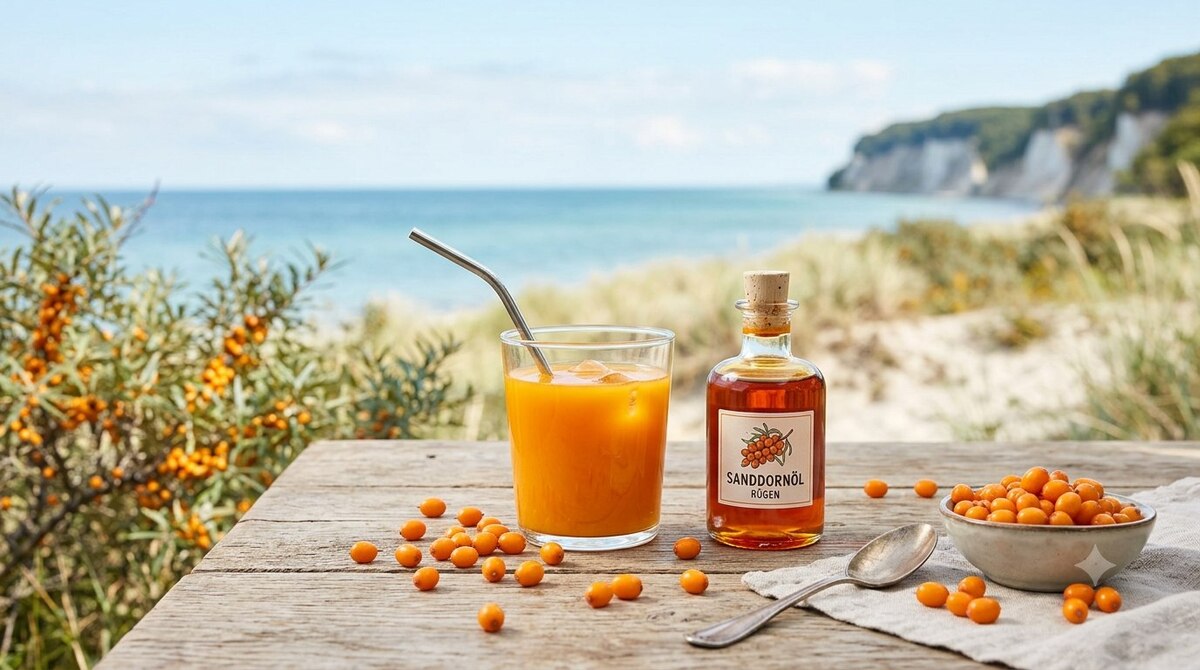 Rügens Sanddornsaft abgefüllt in einer Flasche